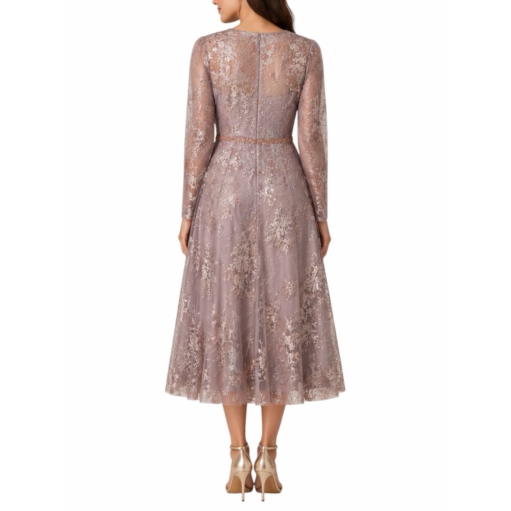 Mac Duggal Embellished Illusion Long Sleeve Midi Dress Rose Size 22 - Picture 2 of 13